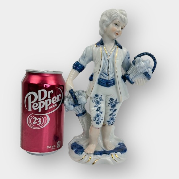 Vintage Blue White Porcelain Figurine Boy Carrying Two Fruit Baskets Gold Trim - Picture 5 of 15